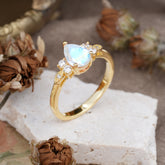 3 Prong Pear Cut Classic Lab Grown Moonstone Engagement Ring with Side Stone